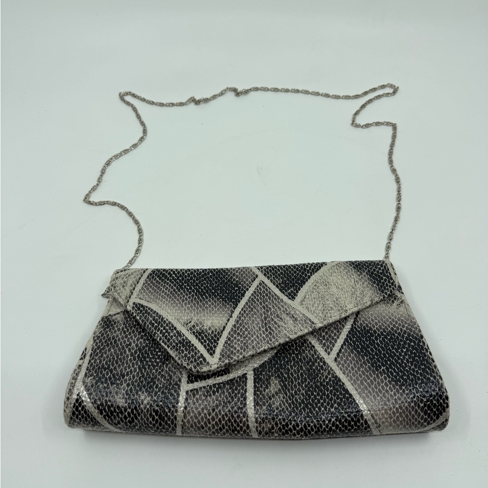 Vintage Black & White Snake Print Envelope Clutch with Chain Strap